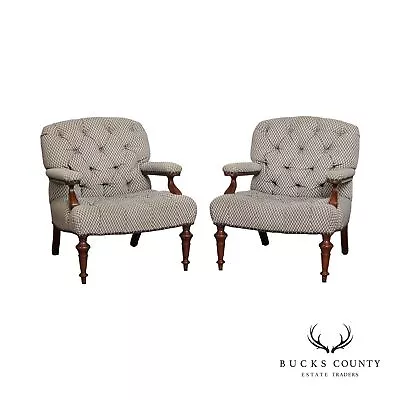 English Traditional Style Pair Of Mahogany Tufted Lounge Chairs • $1495