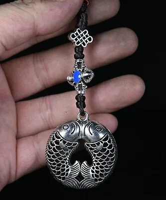 Rare Chinese Miao Silver Feng Shui Double Fish Hollow Out Lucky Pendant • $0.35