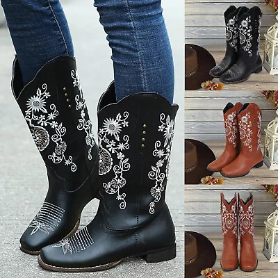 Women CaSual Cowboy BootS Retro Embroidery Round Toe Middle BootieS Slip On Boot • $47.48