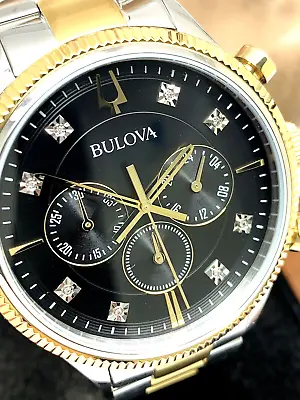 Bulova Men's Watch 98D172 Quartz Chronograph Diamond Black Dial Two Tone Steel • $157.33
