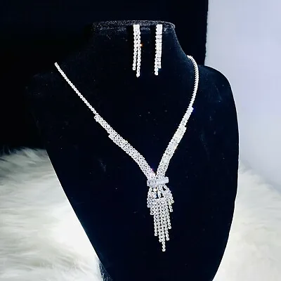 $8.89 • Buy Necklace Earrings Set Bride Jewelry Crystal Rhinestone Jewelry For Women Silver