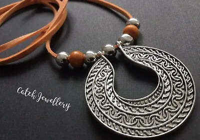 Long ORANGE Suede Necklace With An Ethnic Tibetan Silver Pendant Lagenlook Boho • £4.49