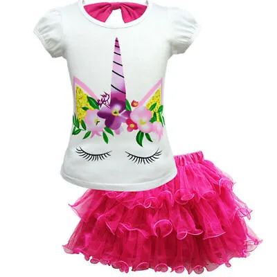 Kids Girls Unicorn Summer Birthday Princess Dress Rainbow T-Shirt Tutu Skirt • £12.74