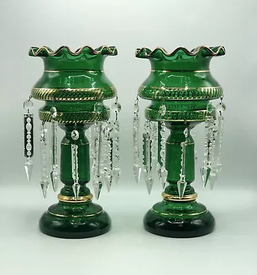 Antique Pair Victiorian Mantle Lustre Green ~ Czechoslovakia /b • $575