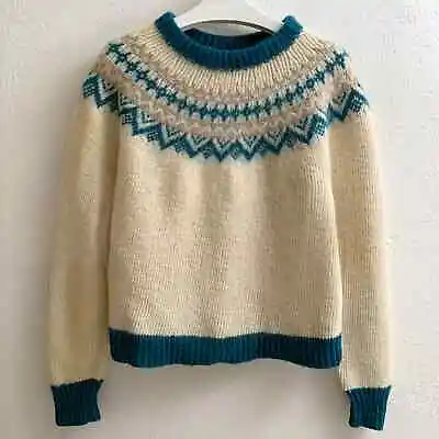 Vintage 70s Nordic Teal Cream Knit Wool Heavy Fair Isle Lopapeysa Sweater Small • $106.21
