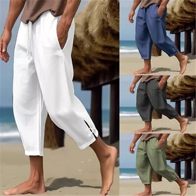 Mens Casual Cotton Linen Baggy Trousers Wide Leg Elastic Waist Loose Harem Pants • $21.62