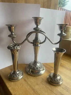 Vintage 3 Branch Ianthe Silver Plated Candelabra And 2 Matching Posy Vases • £22