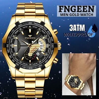 $14.99 • Buy FNGEEN Waterproof Gold Men's Watch Classic Stainless Steel Quartz Business Gift
