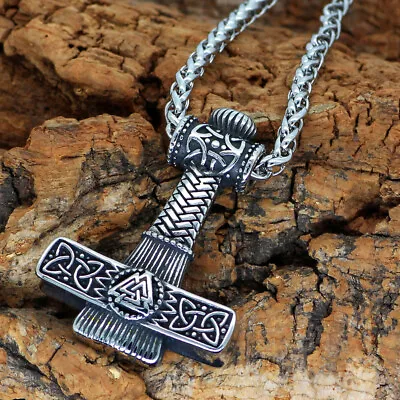 New Style Stainless Steel Viking Valknut Thor Hammer Mjolnir Pendant Necklace • $5.99