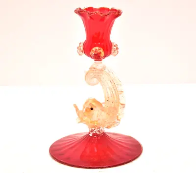 Vintage SALVIATI FISH / DOLPHIN CANDLEHOLDER RED W GOLD VENETIAN MURANO 6.5  • $122.50