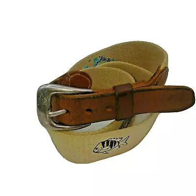 WORLDWIDE SPORTS LEATHERMAN Embroidered Fish Belt Beige Leather HOLES 32-35 • $13.95