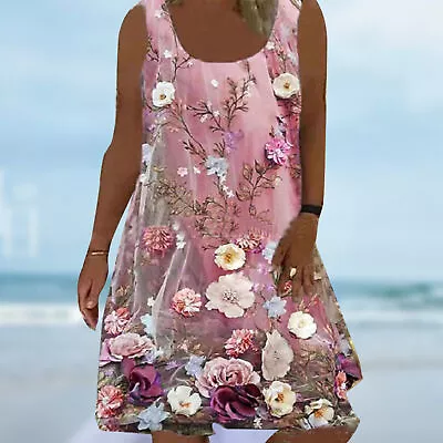 Mini Dress All Match Vintage Floral Print Round Neck Dress Streetwear • $21.54