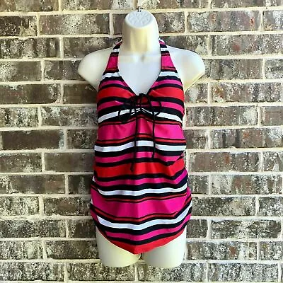 Oh Baby By Motherhood Maternity Tankini Halter Top Pink Red Black Striped Size M • $10.35