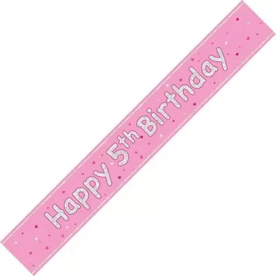 5th BIRTHDAY BANNER PARTY DECORATION -  Age 5 -  PINK Girl Fifth  FAST DISPATCH • £2.29