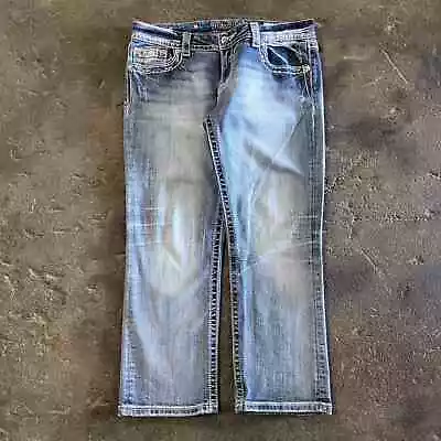 Miss Me Jeans Size 32 Blue Pants Mid Rise Easy Crop Faded Wing Denim Tag 30 • $35.20