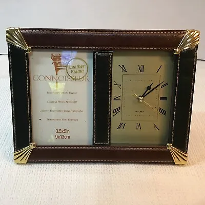 Picture Frame With Clock Leather Gold Accents Quartz Movement 3.5” Opening Vtg • $19