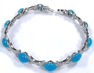 14 Karat White Gold 3/5 CT Diamond & Turquoise Gemstone Tennis Bracelet 7  B79 • $1594.99