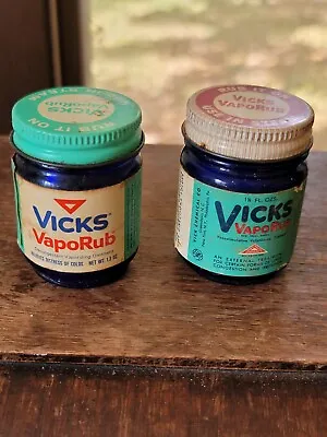 Vtg Vicks VapoRub Lot Of Two Cobalt Blue Glass Containers Red And Green Lids • $30