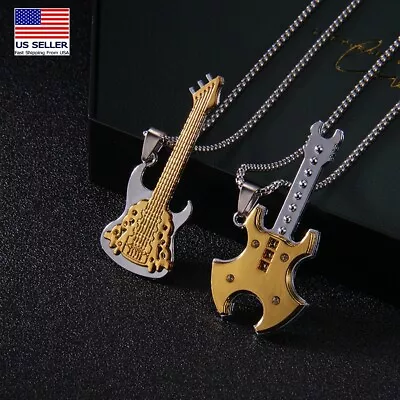 MEN Stainless Steel Rock Music Guitar Bass Pendant Necklace 27  Chain 0208 • $6.99