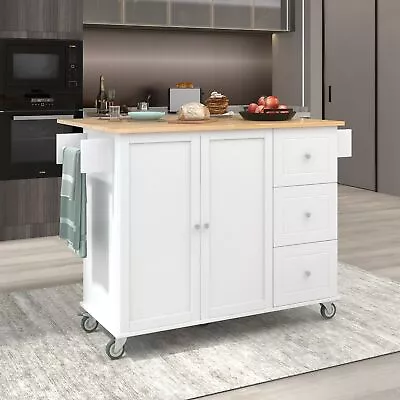 Mobile Kitchen Island Solid Wood Top Locking Wheels Storage Cabinet 52.7  Width • $344.31