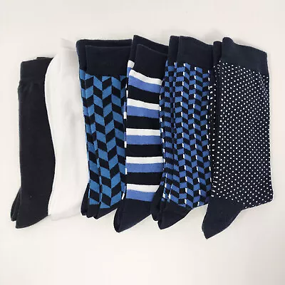 New 6 Pack Mens Cotton Poly Dress Socks Crew Mid Calf Blue Patterns & Solids Set • $18.95