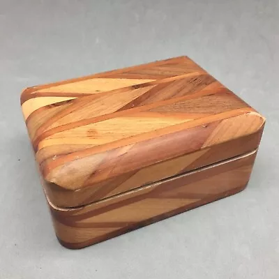 Parquetry Marquetry Wood Box 5  X 3.75  Hand Made Trinket Jewelry Vintage • $22.69