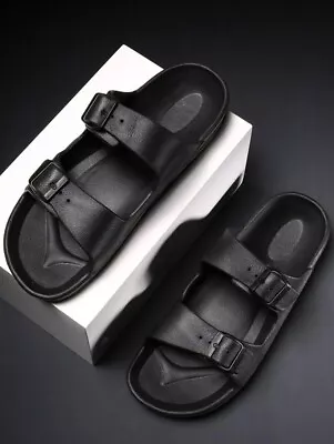 Mens Buckle Decor Peva Slides Holiday Sandals UK Size 8.5 Black • £7.99