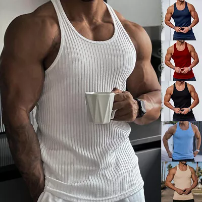 Mens Gym Vest Racerback Bodybuilding Muscle Stringer Tank Top Bodybuilding Vest • £2.89