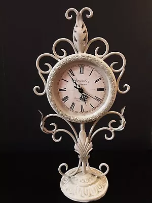 Vintage Look Metal Pedestal Decorative Mantle Clock Whitewashed 17.5  Tall • $25.99