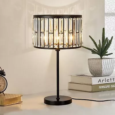 Modern Bedside Crystal Table Lamp 21.6'' Industrial Black Nightstand Lamp Wi... • $195.73