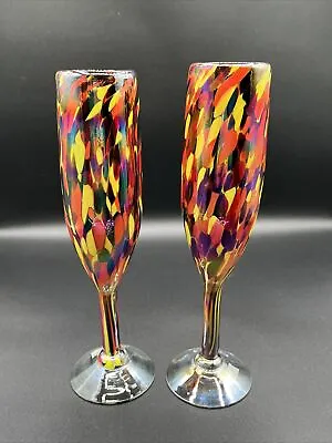Mexican Art Glass Confetti Champagne Flute Hand Blown Glass Set Of 2 • $16