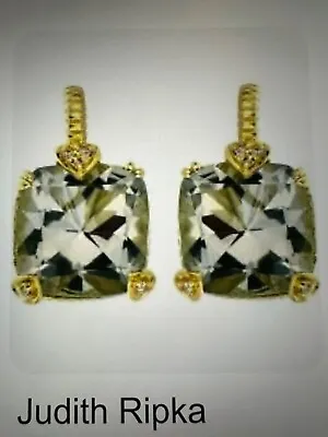 Authentic  Judith Ripka  Prasiolite 18kt Yellow Gold Earrings W/ Diamond Accent • $1175