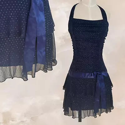 MY MICHELLE Dress Y2K Halter Sparkly Glitter Navy Mini Fairy Tiered Ruched Small • $45