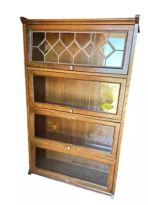 Yy Mid Century Oak Wood Barrister Bookcase Lawyers Four Unit Stackable Glass • $1599.55