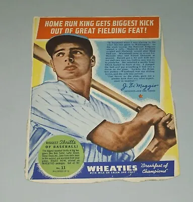 $66 • Buy 1934 -1939 Series Wheaties Baseball Cereal Box Back Panel - Joe Dimaggio Yankees