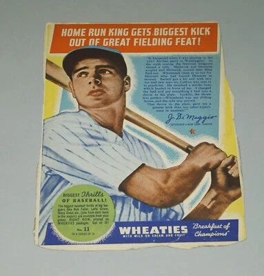 $66 • Buy 1934 -1939 Series Wheaties Baseball Cereal Box Back Panel - Joe Dimaggio Yankees