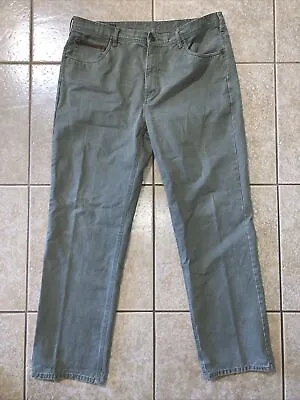 Orvis Work Jeans Pants Mens Green Casual Leather Trim Size 40x34 Straight • $19.80