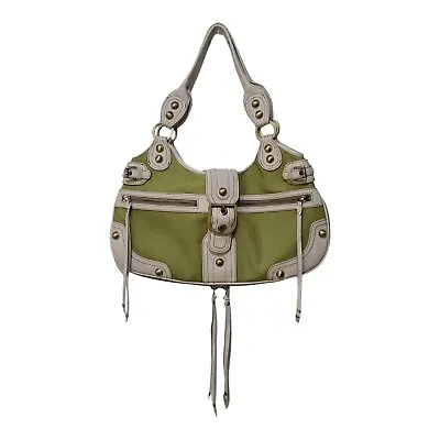 RAFE New York Green Canvas Shoulder Bag Purse Gold Studs Ivory Leather MCM  • $39.99