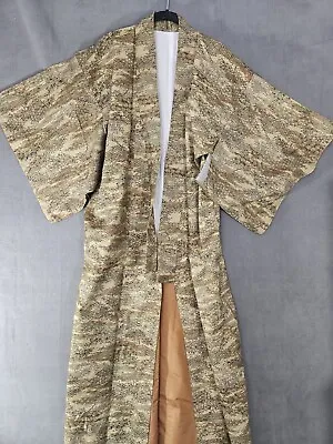 Japanese Vintage Kimono SILK Long Tan Green Tree Floral  • $18.80