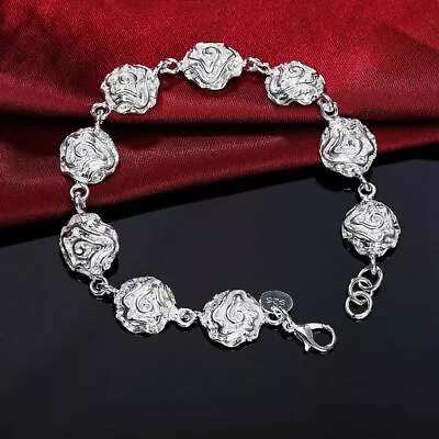 Elegant 925 Sterling Silver Rose Flower New Fashion Jewelry 7.5  Charm Bracelet • $15.74