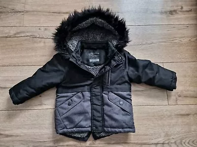 Baby Boy Winter Coat 12-18 Months Faux Fur Lined Anorak Black Grey Hooded • £8.99