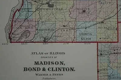 Authentic 1874 Map ~ MADISON - BOND - CLINTON Co. ILLINOIS ~ Free S&H • $30.08