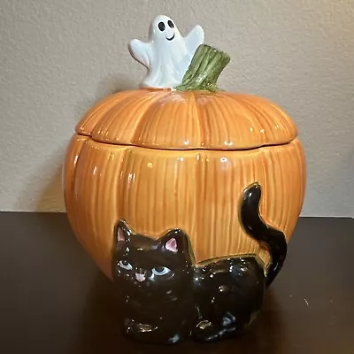 Lilian Vernon Halloween Pumpkin Cookie Jar Halloween Black Cat Ghost Vtg HTF • $49.99