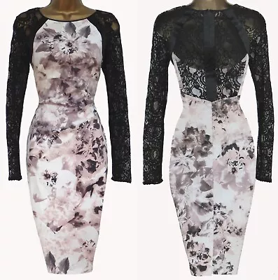 Karen Millen ~ Stunning Soft Floral Lace Sleeve & Back Pencil Dress ~ Uk 12 • £59.99