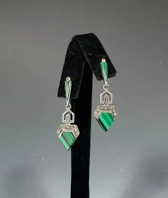 VTG Art Deco Style Sterling Silver Malachite And Marcasite Dangle Post Earrings • $45