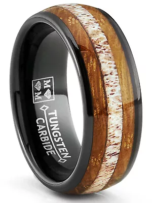 Mens Gunmetal Black Tungsten Engagement Ring Whiskey Barrel Wood Elk Antler • $34.99