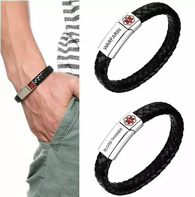 Warfarin Blood Thinner Medical Alert Bracelet Stainless Steel Leather Quality • £14.99