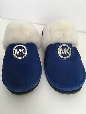 Michael Kors MK Silver Emblem Blue Suede Leather And Fur Slippers Womans 8M • $42