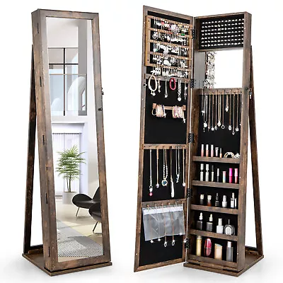 Floor Jewelry Cabinet Armoire Lockable Standing Jewelry Organizer W/Mirror • £104.95