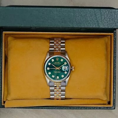 Mens Rolex Datejust Watch 18ky Gold & Steel Green Dial Fluted Bezel 36mm 16233 • $6999